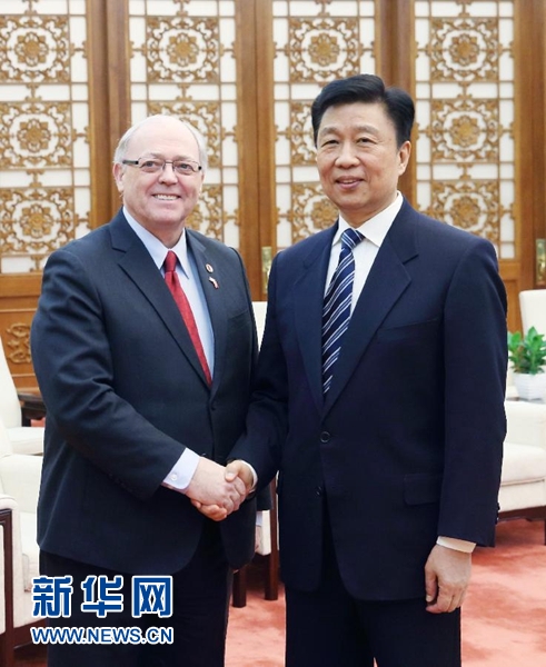 1月4日，中國國家副主席李源潮在北京人民大會堂會見加拿大參議長富里。新華社記者 姚大偉 攝