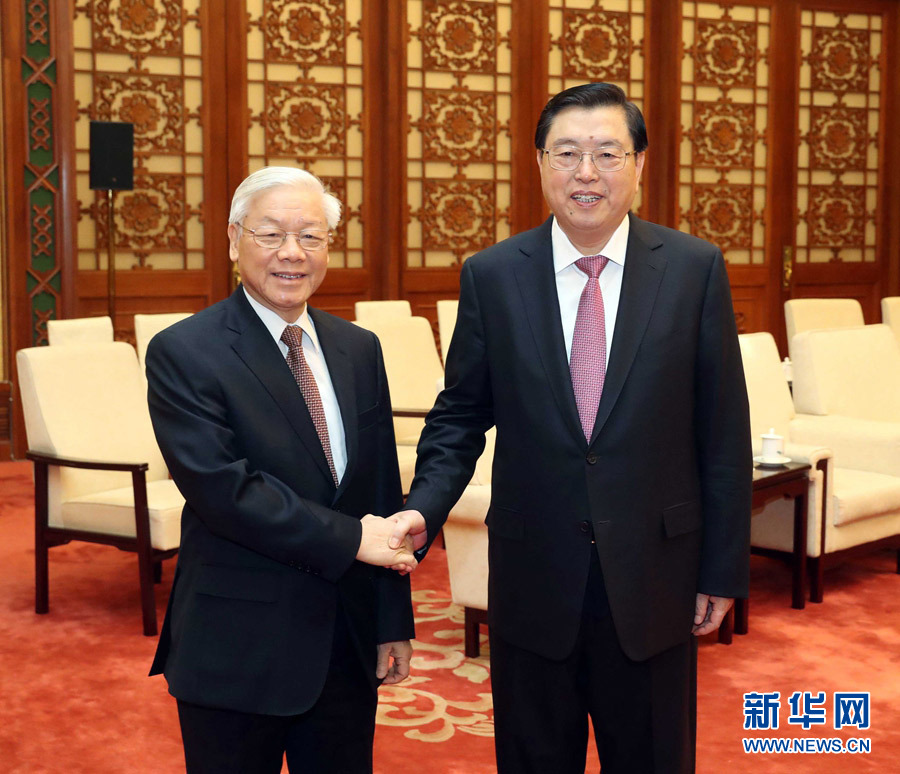 1月13日，中共中央政治局常委、全國人大常委會委員長張德江在北京人民大會堂會見越共中央總書記阮富仲。 新華社記者 劉衛(wèi)兵 攝