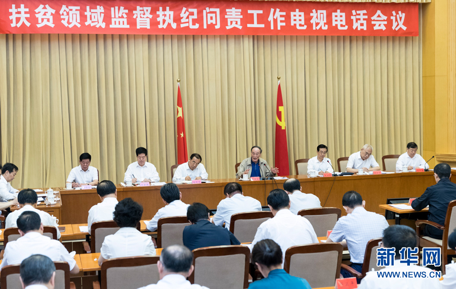 7月3日，中共中央政治局常委、中央紀委書記王岐山在北京出席扶貧領(lǐng)域監(jiān)督執(zhí)紀問責工作電視電話會并講話。 新華社記者丁海濤攝