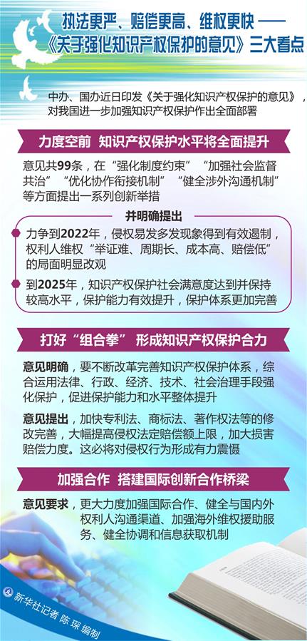 （圖表）[新華調(diào)查]執(zhí)法更嚴(yán)、賠償更高、維權(quán)更快——《關(guān)于強(qiáng)化知識(shí)產(chǎn)權(quán)保護(hù)的意見(jiàn)》三大看點(diǎn)