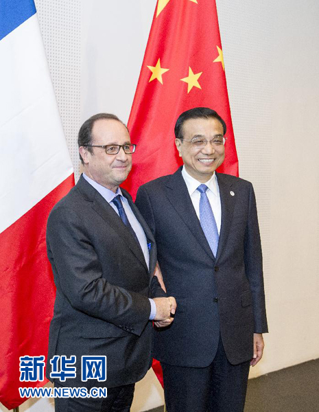 10月16日，中國國務院總理李克強在米蘭會見法國總統(tǒng)奧朗德。新華社記者 王曄 攝