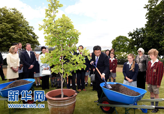 11月18日，國家主席習(xí)近平在澳大利亞塔斯馬尼亞州與朗塞斯頓市斯科奇－歐克伯恩小學(xué)的小學(xué)生共同植樹。新華社記者 饒愛民 攝