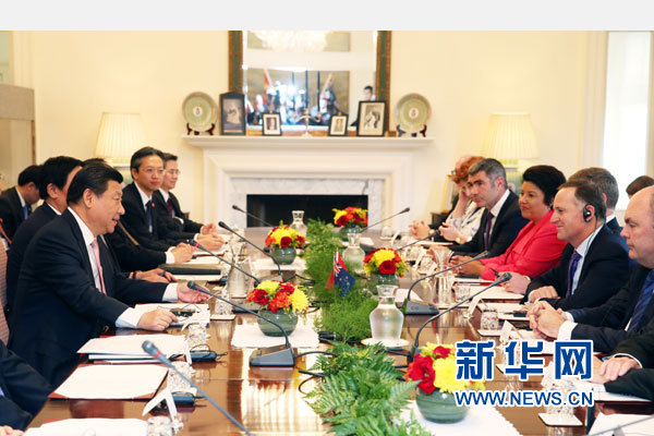11月20日，中國國家主席習近平在惠靈頓同新西蘭總理約翰·基舉行會談。 新華社記者 馬占成 攝