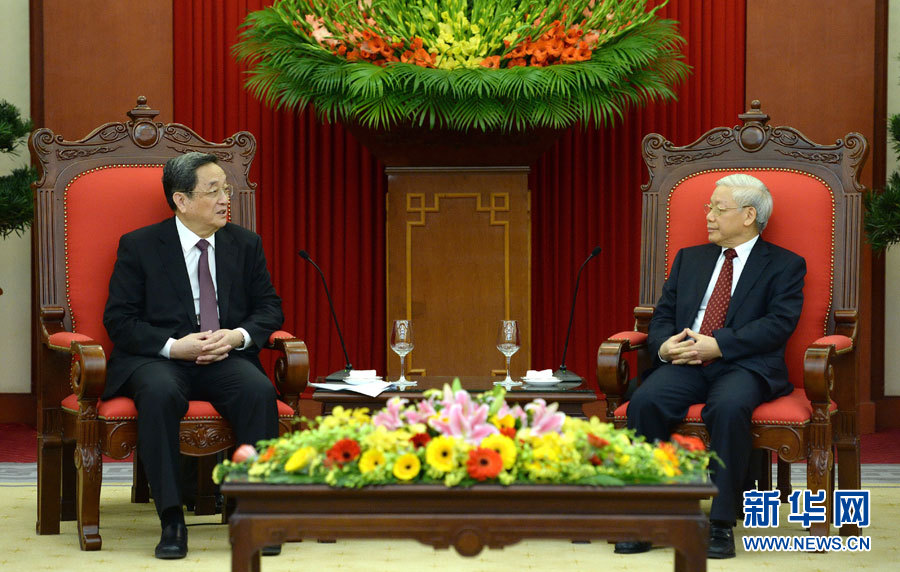 12月25日至27日，中共中央政治局常委、全國政協(xié)主席俞正聲對越南進行正式訪問。這是12月26日，俞正聲在河內會見越共中央總書記阮富仲。 新華社記者馬占成攝
