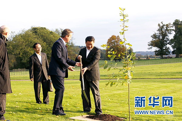 兩國領(lǐng)導人一同在別墅草坪，共同種下象征中英友誼的橡樹。新華社記者 鞠鵬 攝