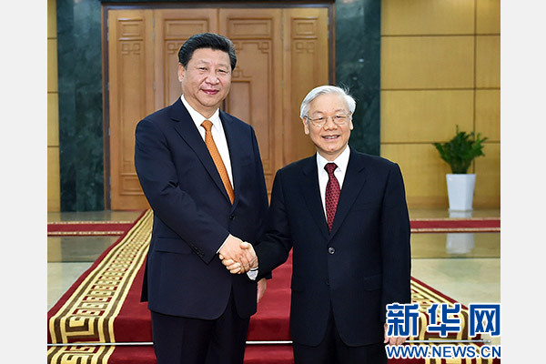 11月5日，中共中央總書記、國家主席習(xí)近平在河內(nèi)同越共中央總書記阮富仲舉行會談。 新華社記者李濤攝