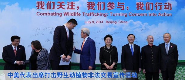 劉延?xùn)|、楊潔篪同美國國務(wù)卿克里共同出席中美打擊野生動植物非法交易宣傳活動（圖）